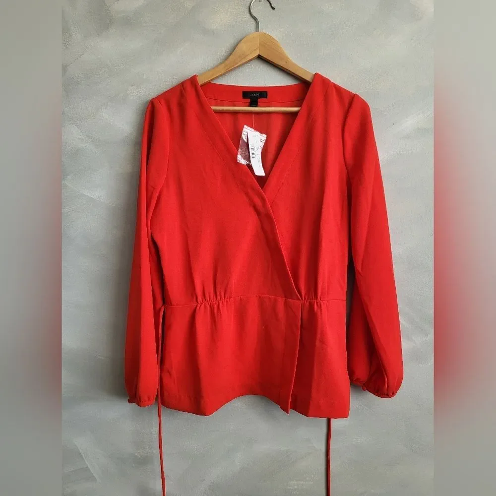 J.Crew Drapey Faux Wrap Top Red NWT Sz 10 Tall Tie Waist